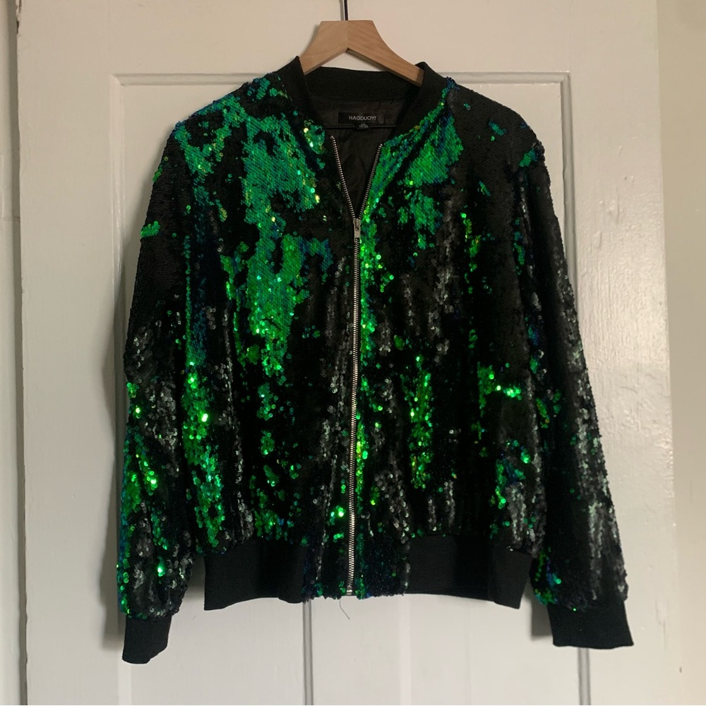 Sequin Bomber Jacket in Green and Black